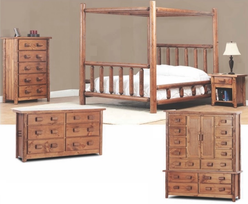 Queen Log Canopy Bed in Golden Oak